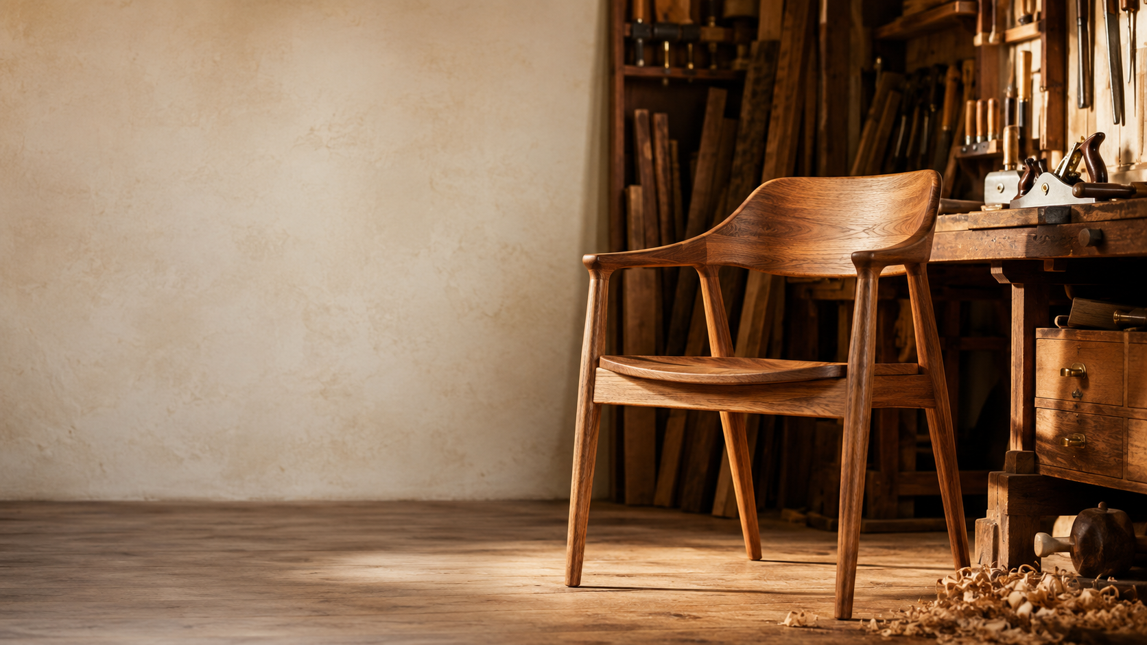 A solid teak lounge chair lit by raking afternoon sunlight in a Jepara workshop