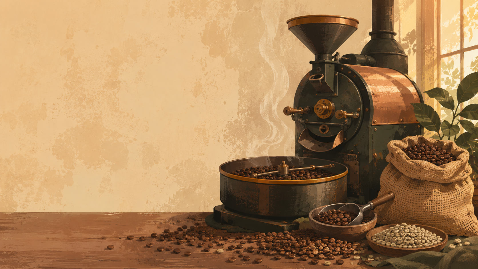 A cupping table scattered with green and roasted coffee beans, a brass scoop, and a hand-written tasting card.